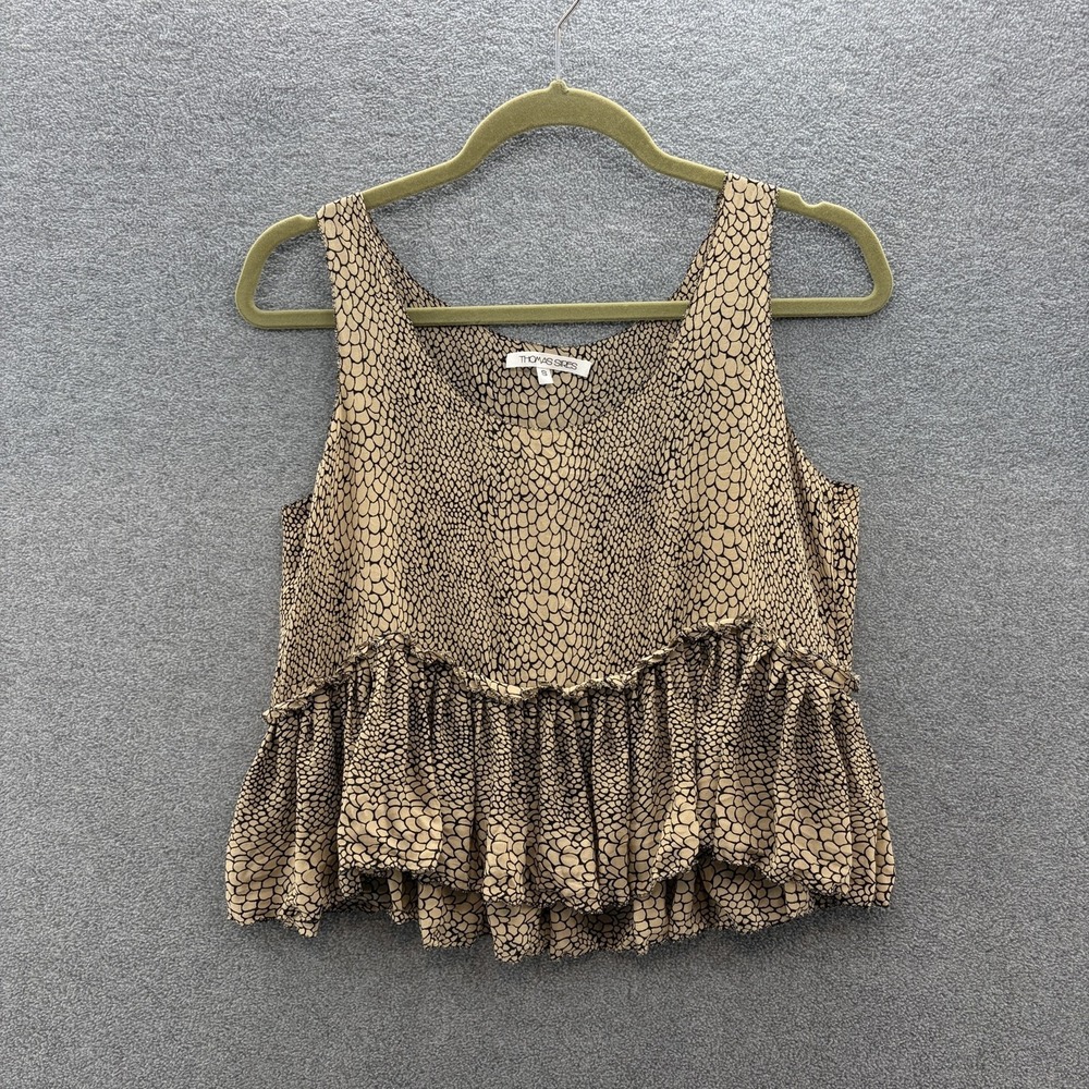 Thomas Sires Top Womens Small Beige Silk Animal Print Boho Ruffle Hem Crop